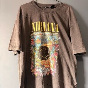 NIRVANA Brown Short Sleeve Graphic Tee with Multicolor Print